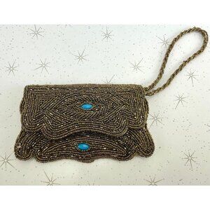 Vintage 50s bronze beaded wristlet, small clutch purse, with turquoise inserts